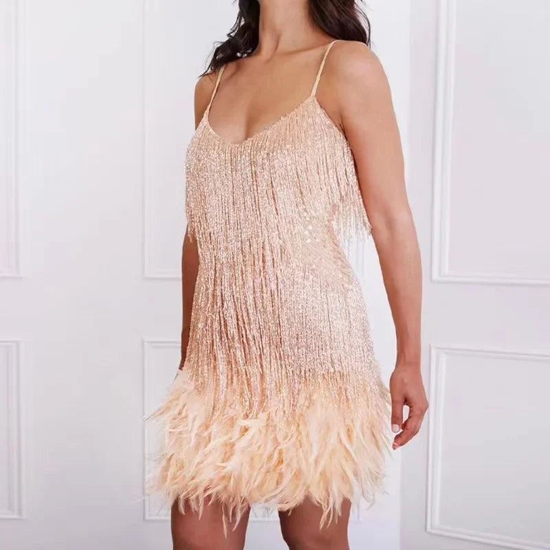 Sequins Feather Mini Spaghetti Dress