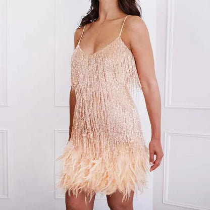 Sequins Feather Mini Spaghetti Dress