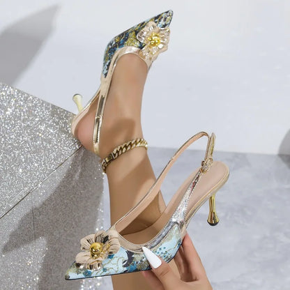 Metal Flower Thin Heel Sandals