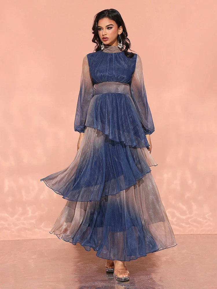 Gradient Lantern Sleeve Evening Dress