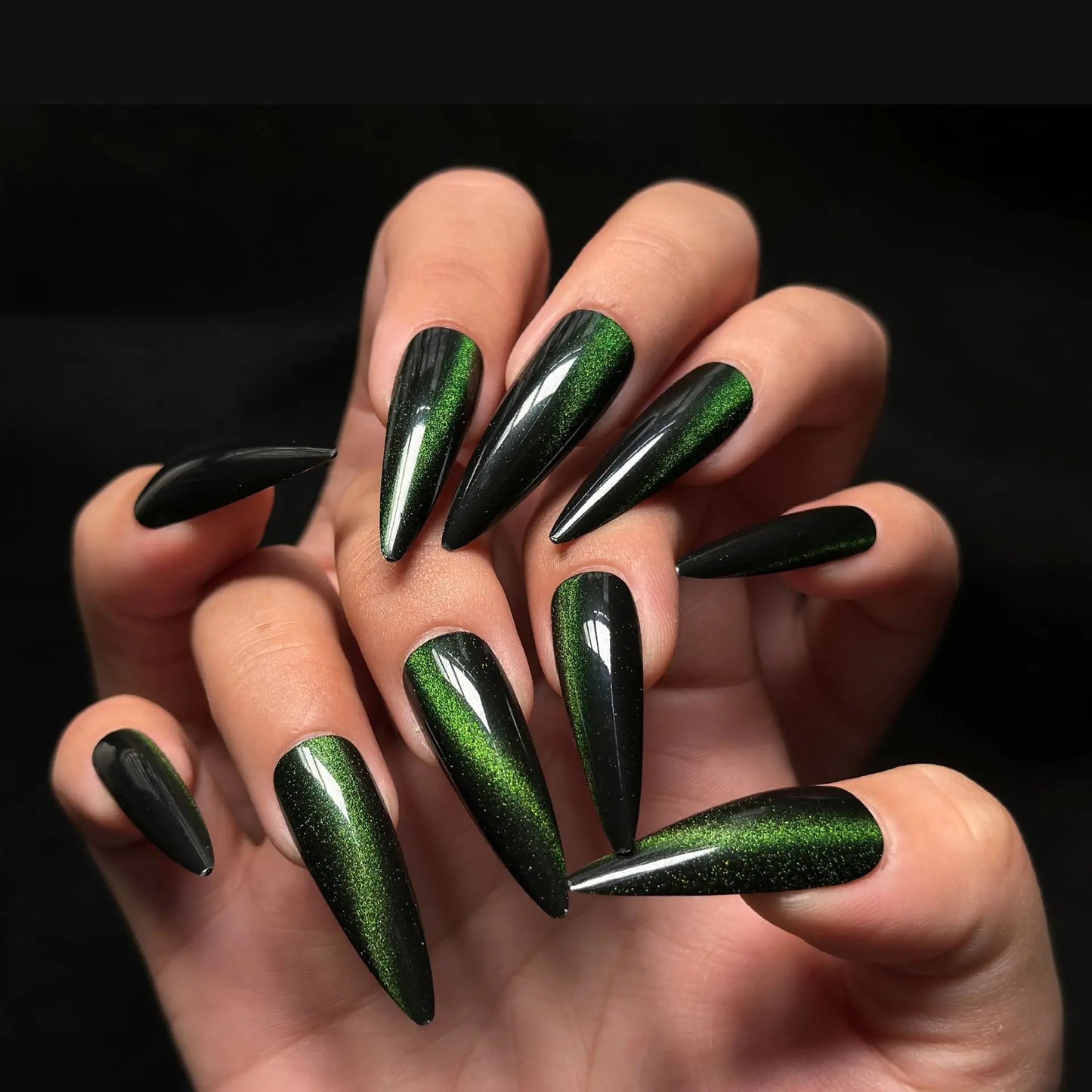 Green Cat Eye Almond Nails