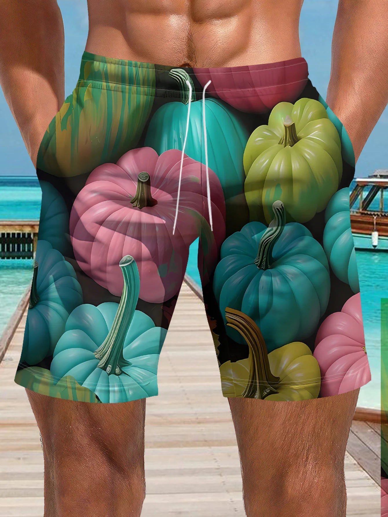 Tropical Leaf Print Swim Trunks
