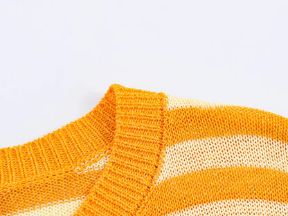 Orange Striped Cropped Cardigan