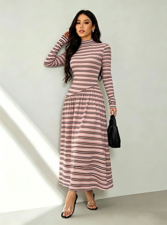 Striped High-Neck Maxi Dress