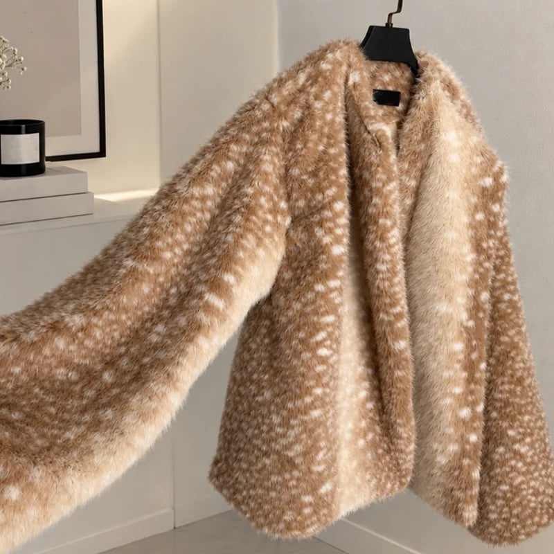 Deer Print Faux Fur Jacket