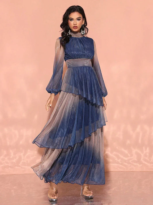 Gradient Lantern Sleeve Evening Dress