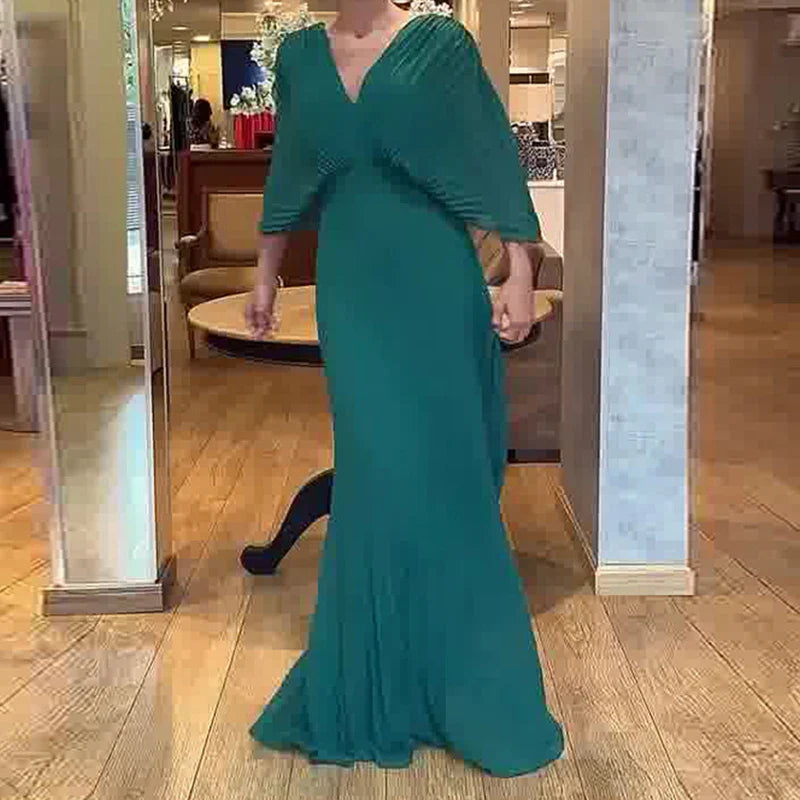 Elegant V-Neck Pleated Maxi Dress