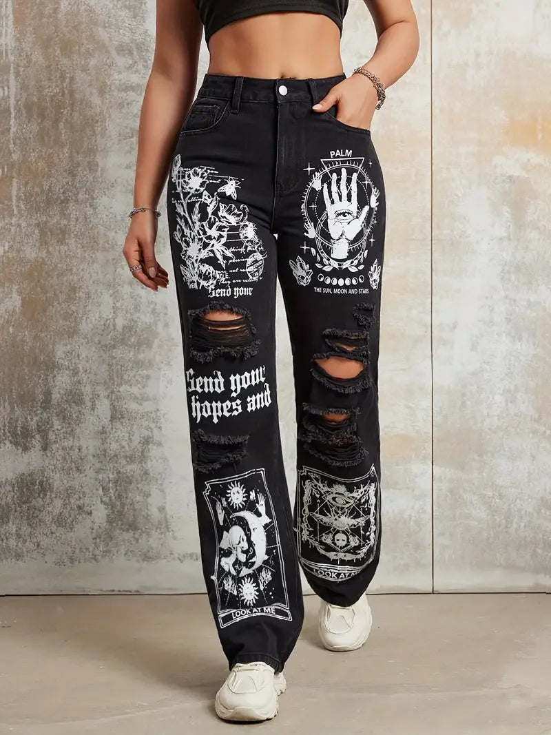 Print Ripped Straight Jeans
