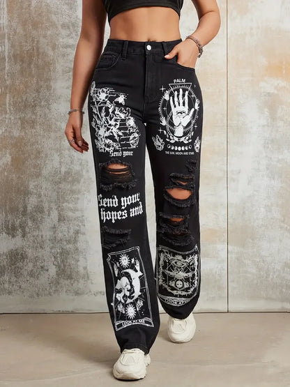 Print Ripped Straight Jeans