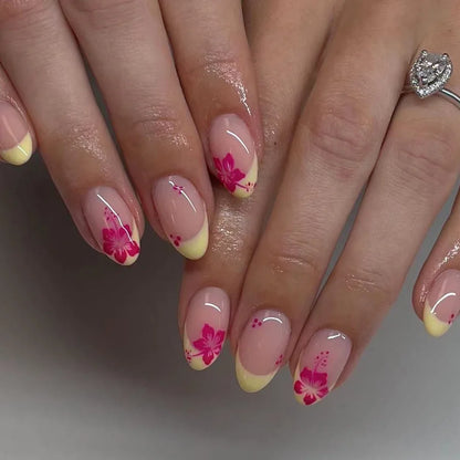 Pink Floral Almond Press On Nails