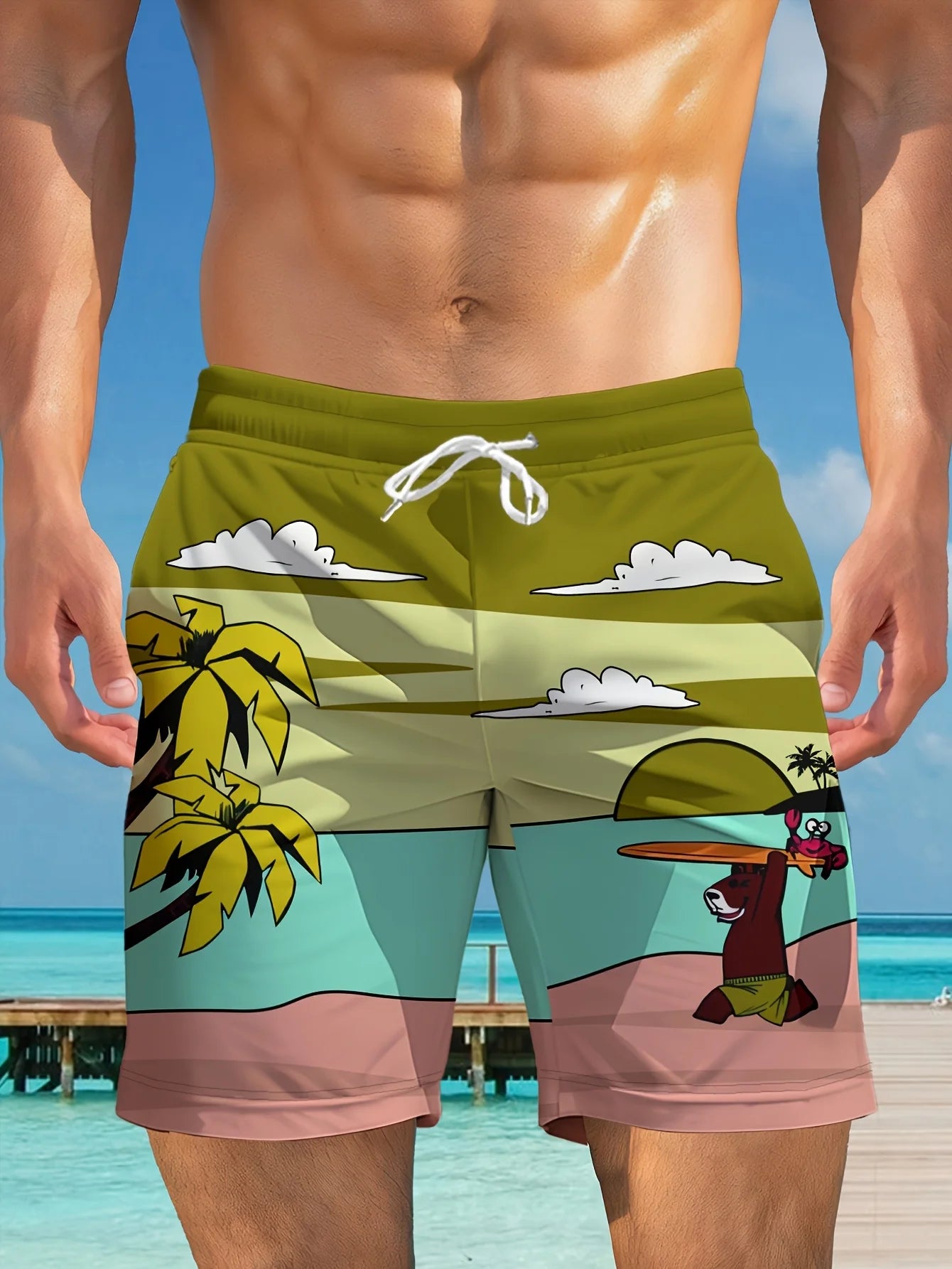 Tropical Leaf Print Swim Trunks