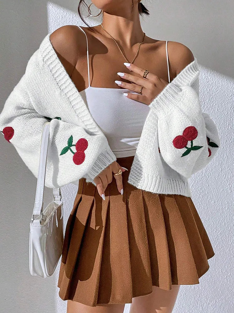 Loose Cherry Embroidered Cardigan