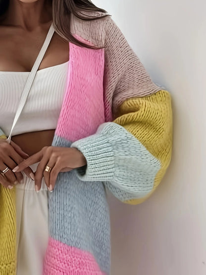 Color Block Lantern Sleeve Cardigan