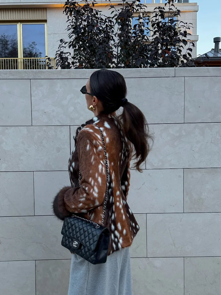 Deer Print Faux Fur Jacket