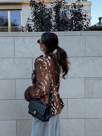 Deer Print Faux Fur Jacket