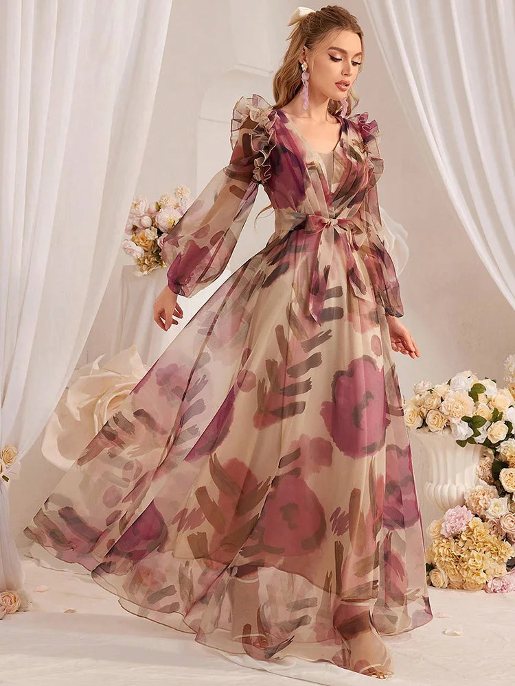 Floral Lantern Sleeve Maxi Dress