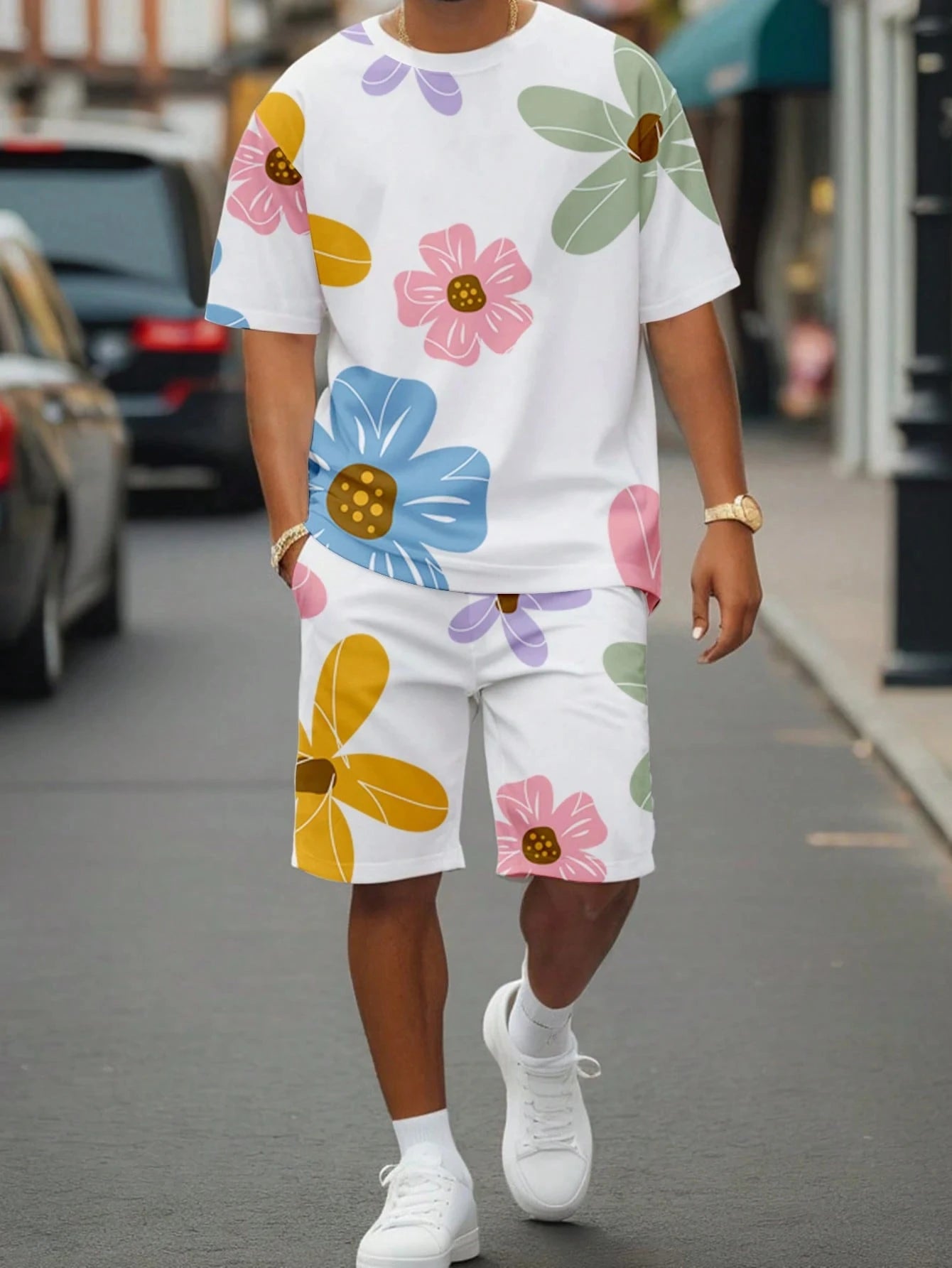 Floral Graphic O-Neck Shorts Set