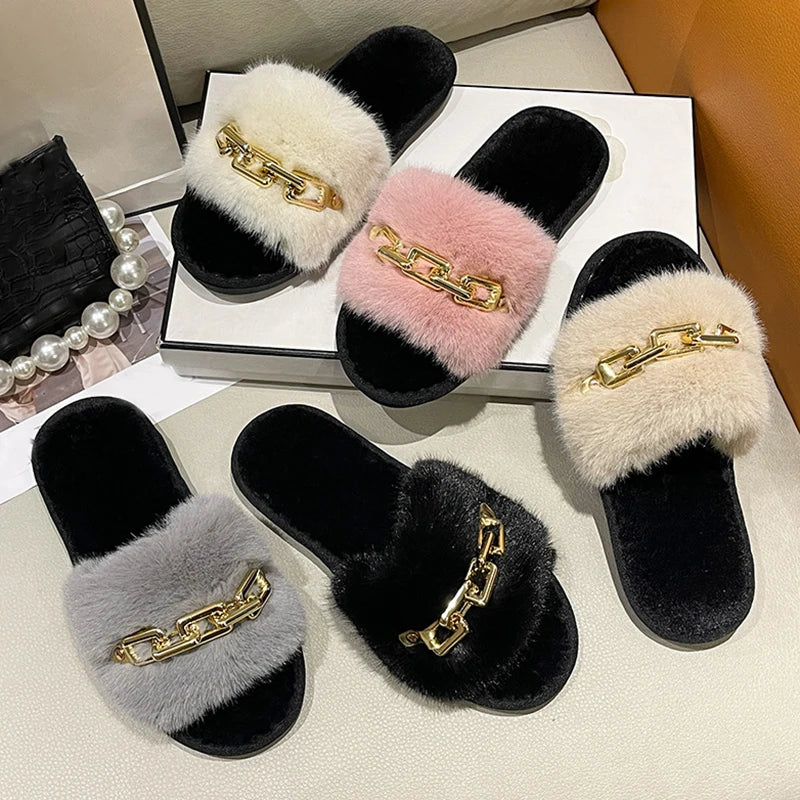 Women Metal Plush Winter Slippers