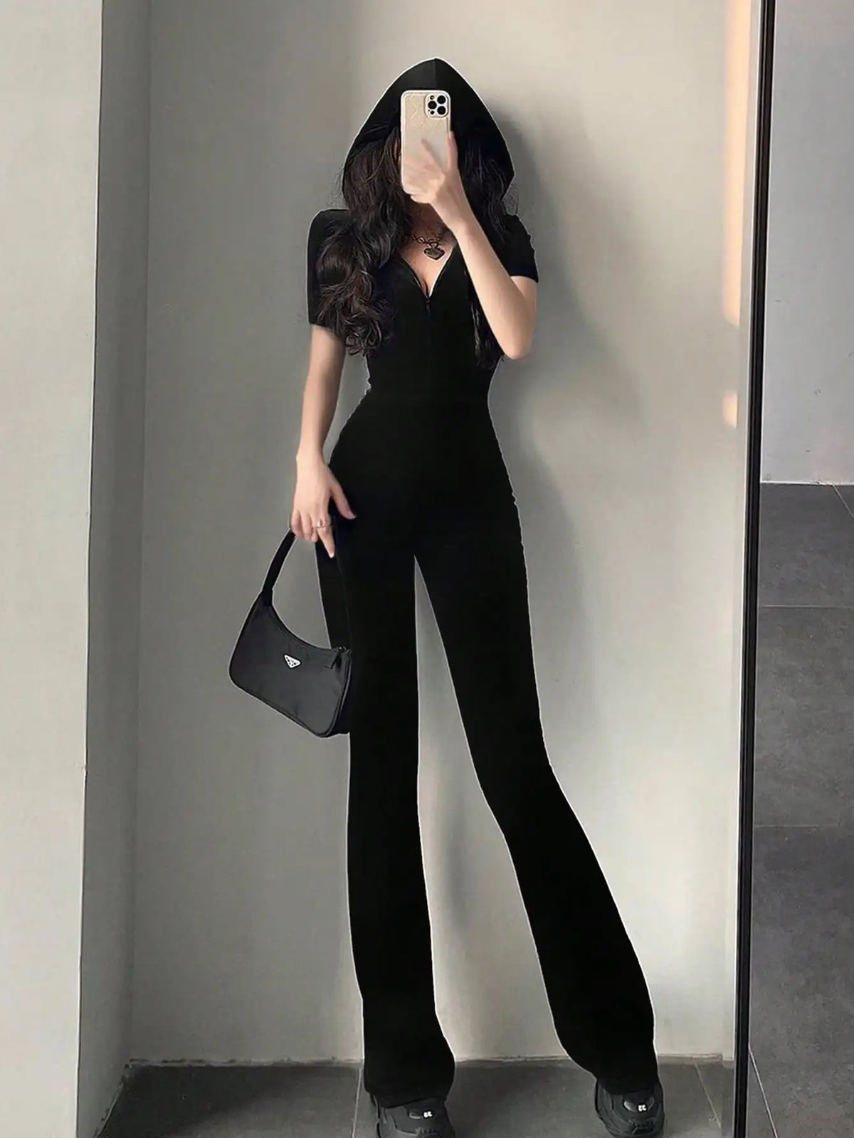 Hooded Velvet Zip-Front Jumpsuit