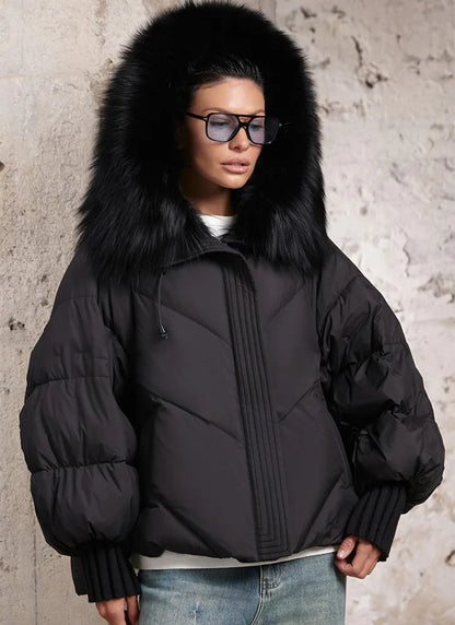 Hooded Puffer Coat with Fur Collar
