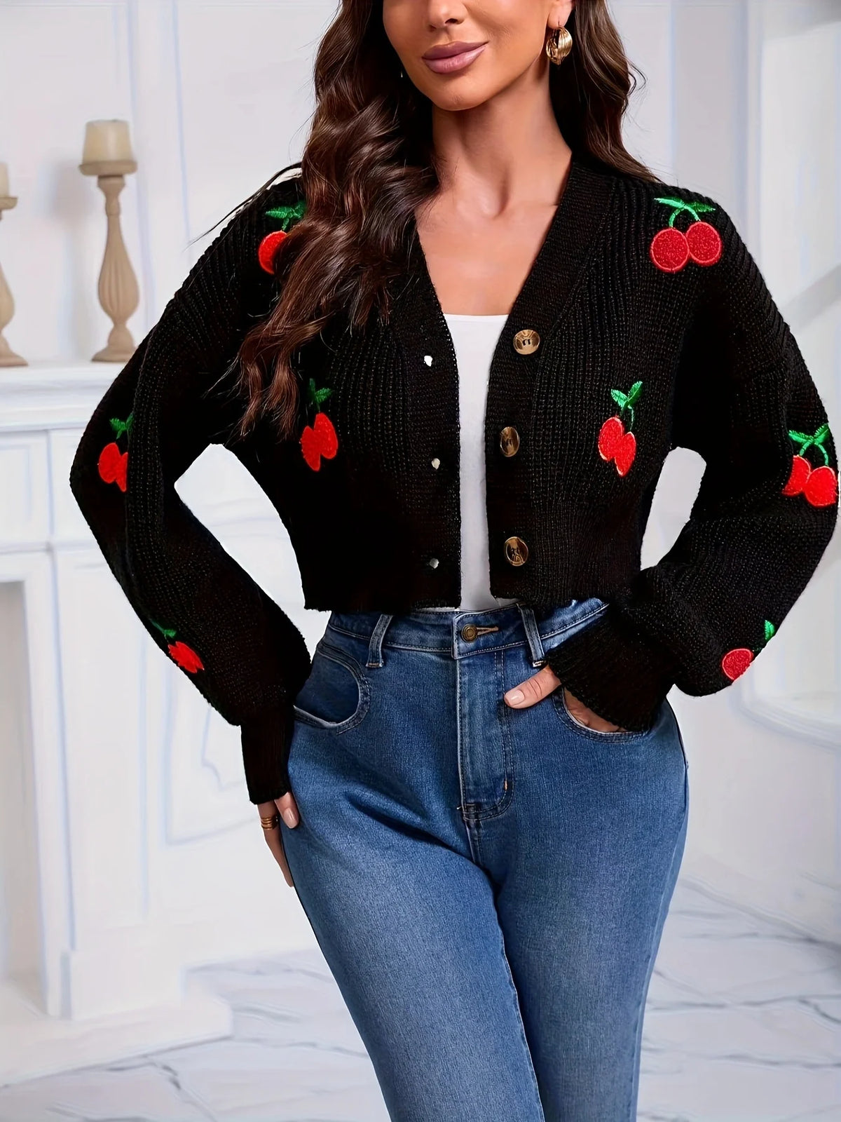Cherry Embroidered V-Neck Cardigan