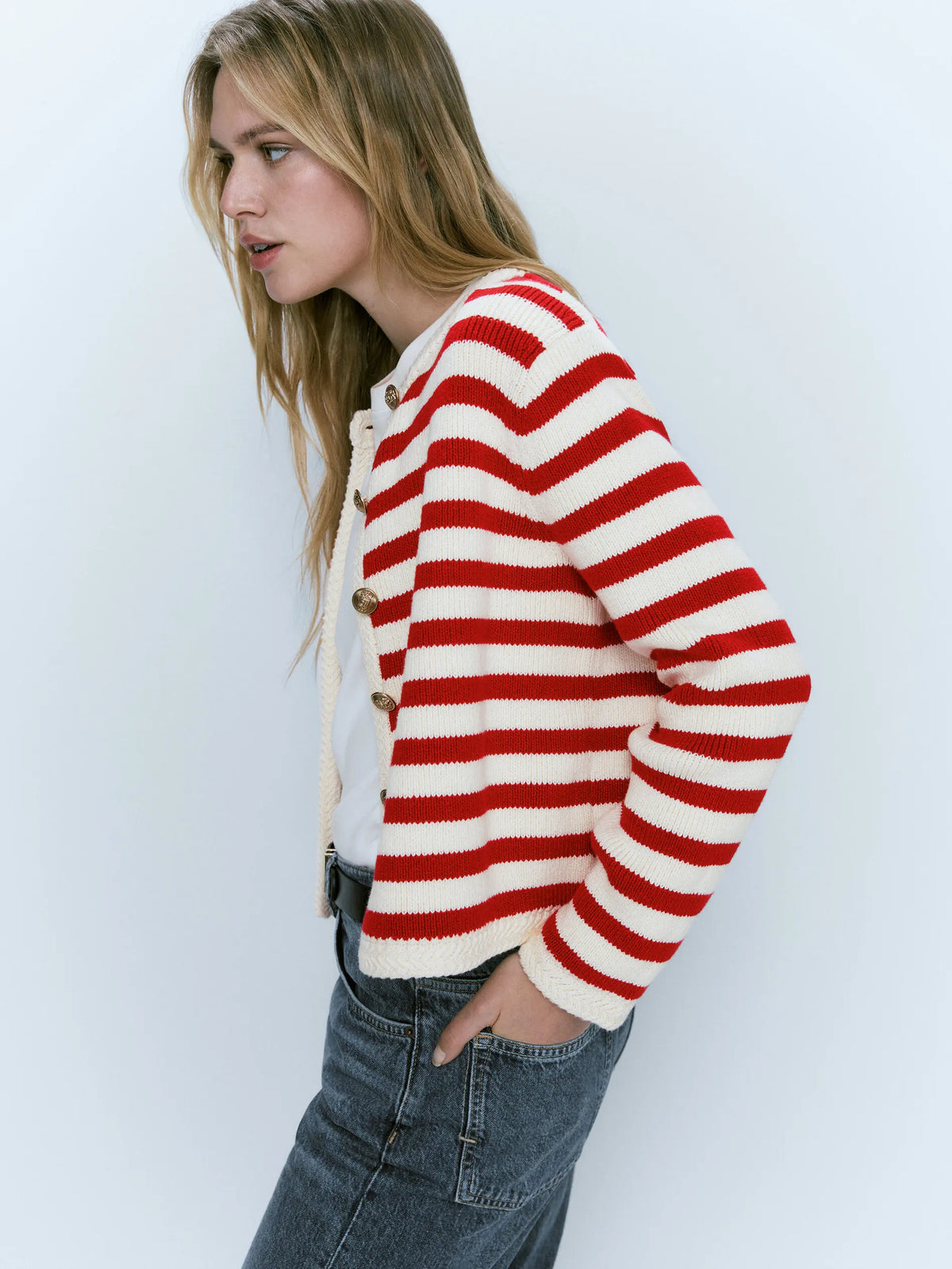 Red Striped Button Cardigan