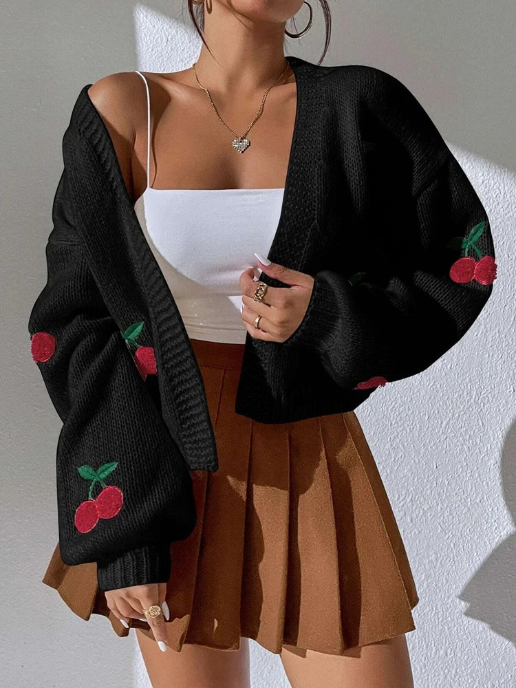 Loose Cherry Embroidered Cardigan