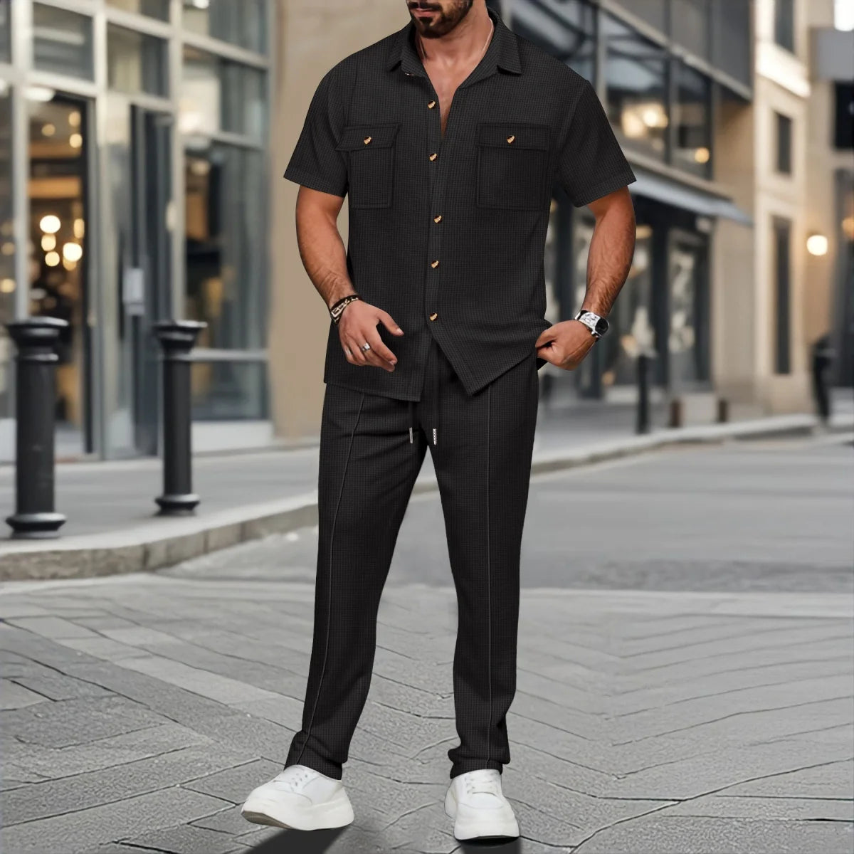 Waffle Button Shirt Trousers Set