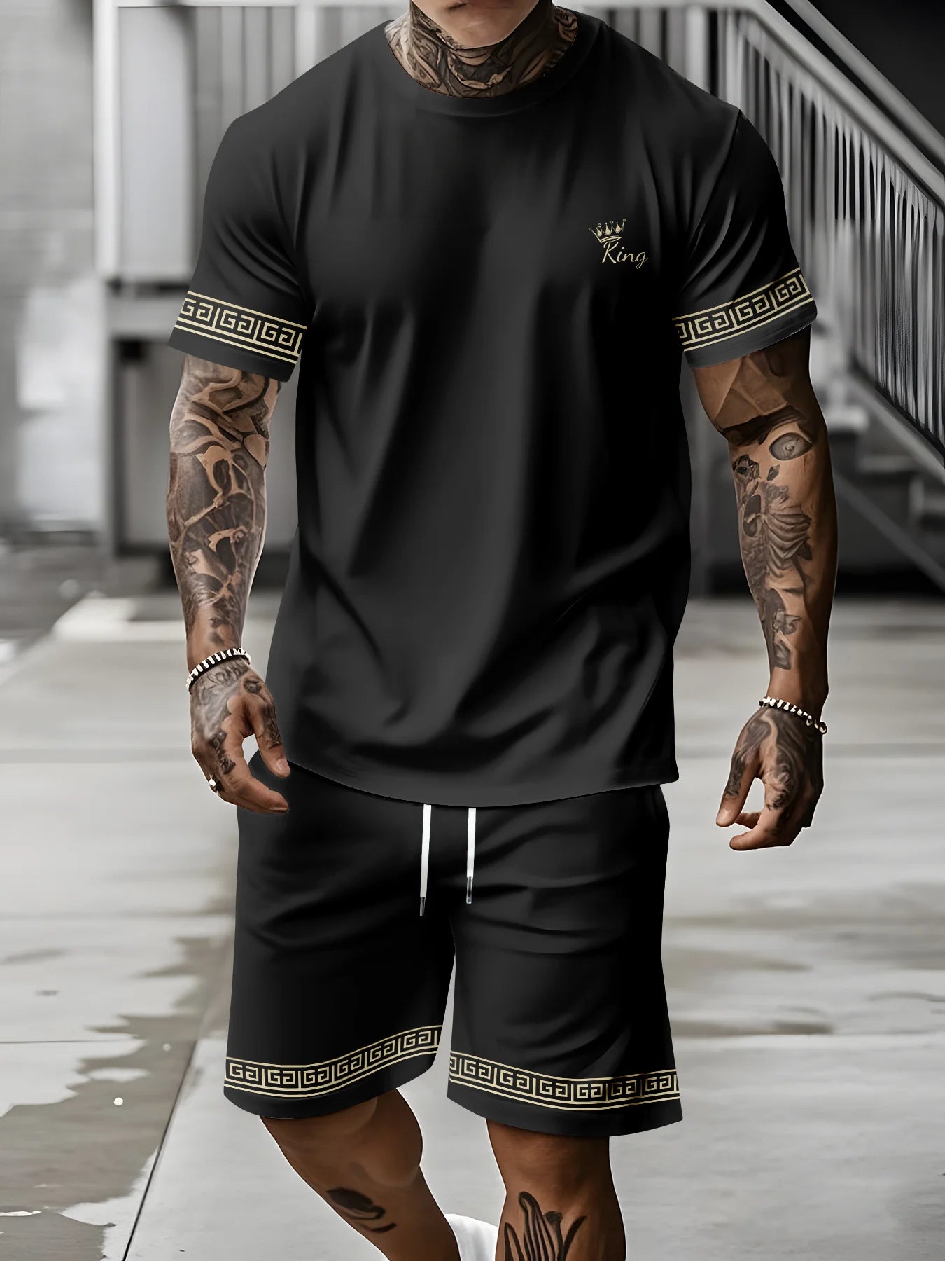 Striped Print Short-Sleeve Sports Set