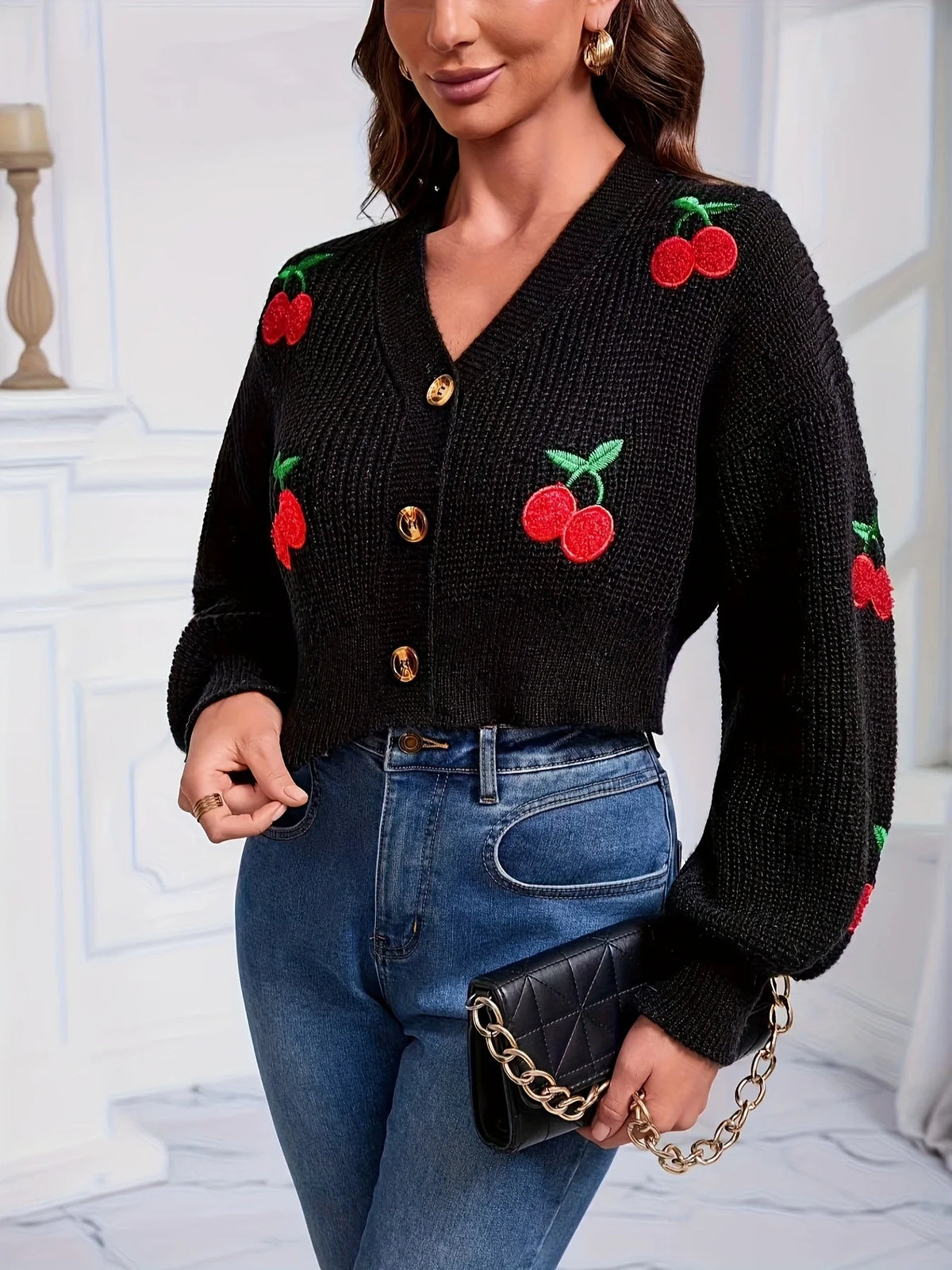 Cherry Embroidered V-Neck Cardigan