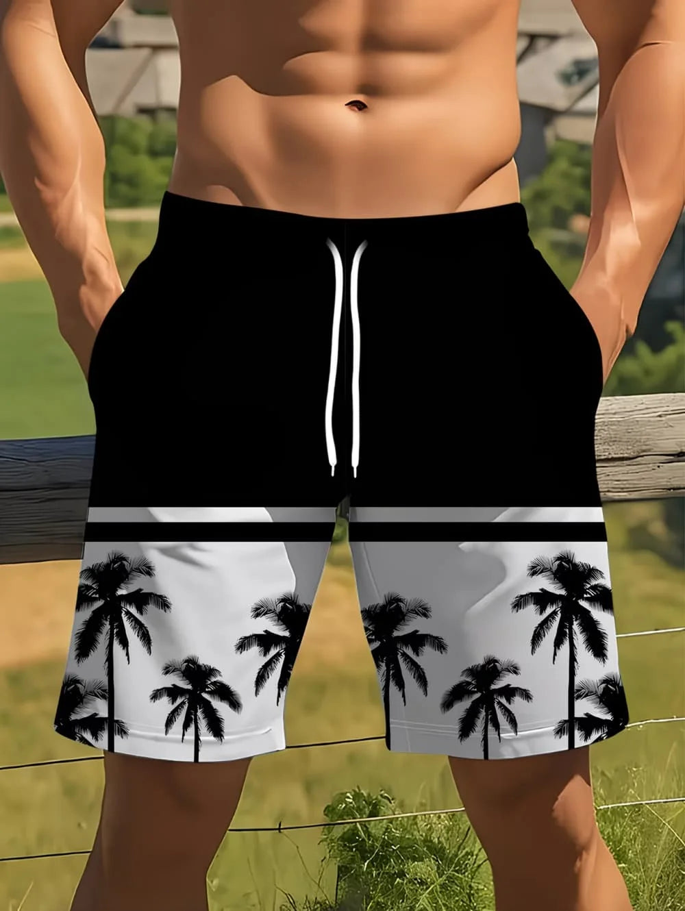 Coconut Tree Print Swim Trunks