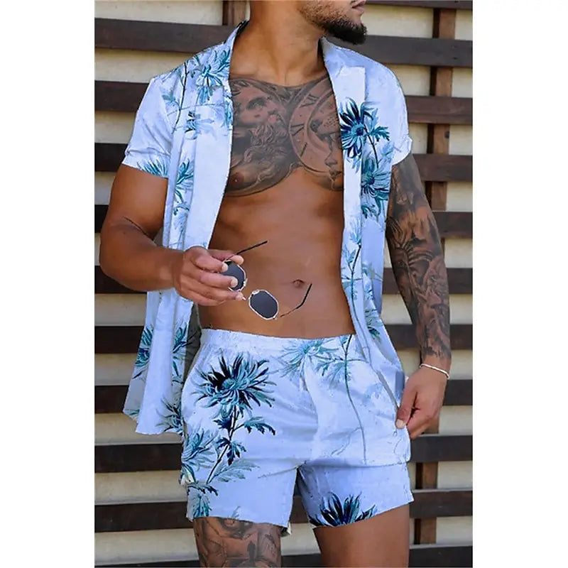 3D Flower Print Hawaiian Beach Set