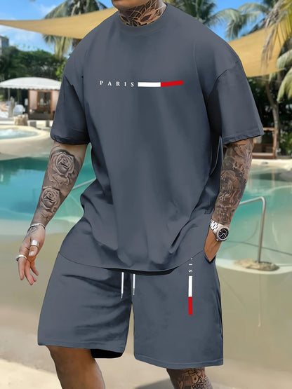 Striped Print Short-Sleeve Sports Set