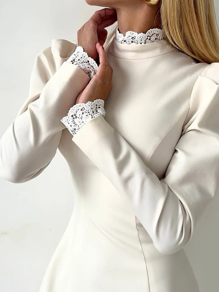 Lantern-Sleeve Turtleneck Mini Dress