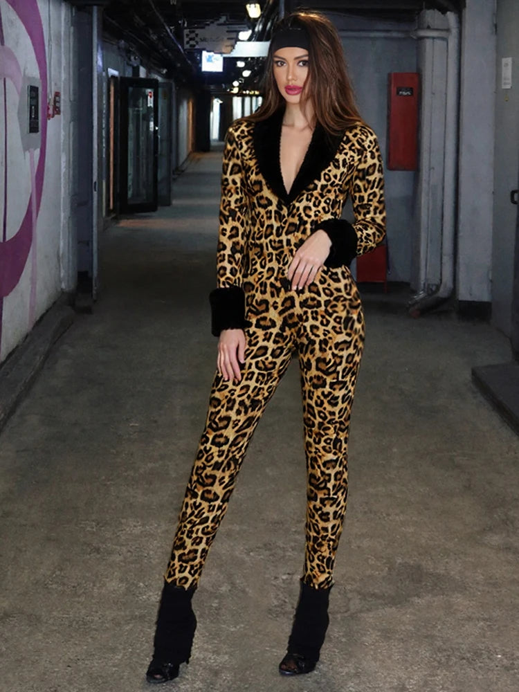 Leopard Print Long-Sleeve Jumpsuit