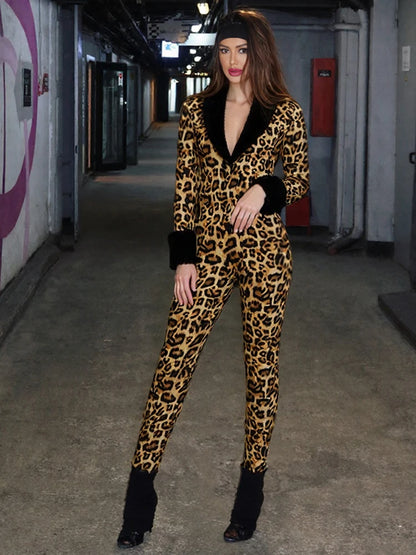 Leopard Print Long-Sleeve Jumpsuit