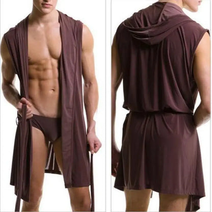 Sleeveless Silky Hooded Bathrobe