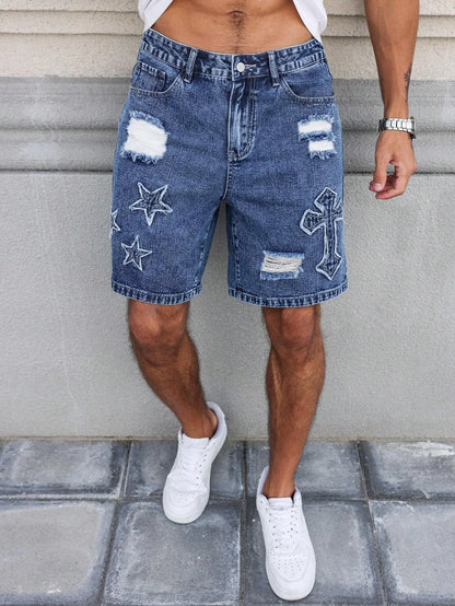 Embroidered Ripped Denim Shorts