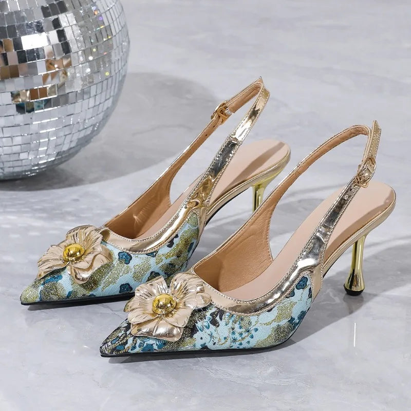 Metal Flower Thin Heel Sandals