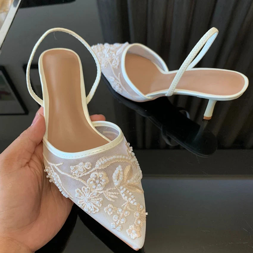 White Embroidered Slingbacks