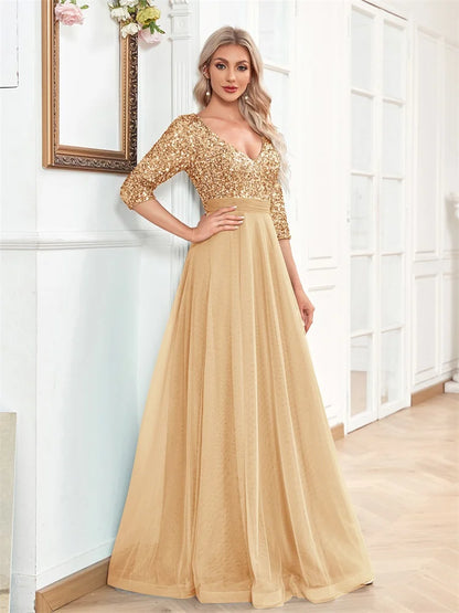 Luxury Floor Length V-Neck Evening Dress