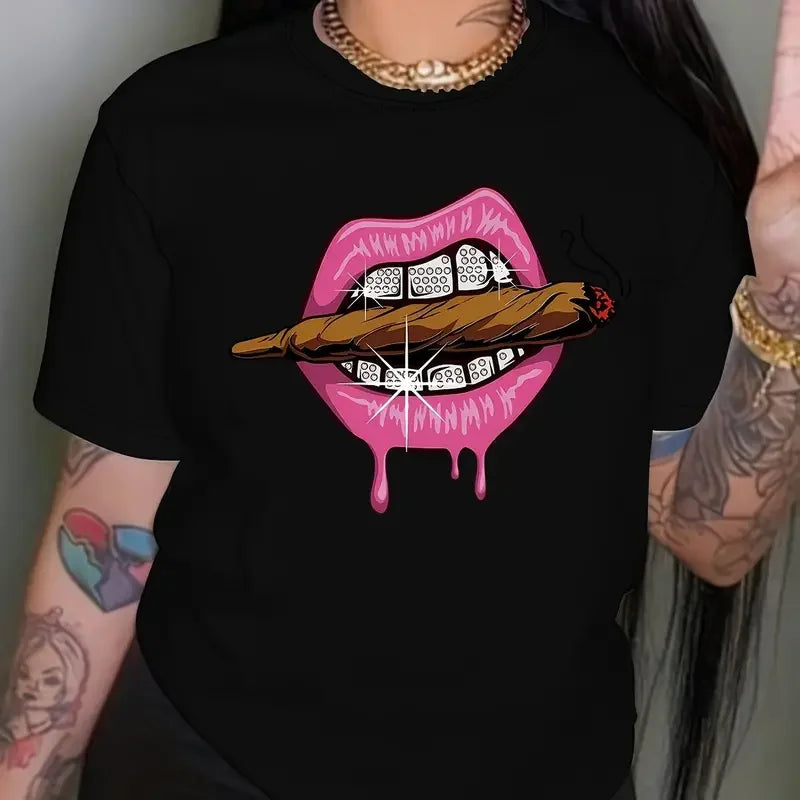 Lips Print Crew-Neck T-Shirt