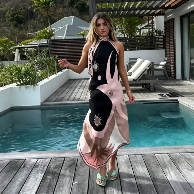 Satin Halter Backless Print Dress
