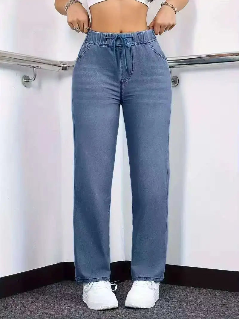 Elastic Drawstring Straight-Leg Jeans