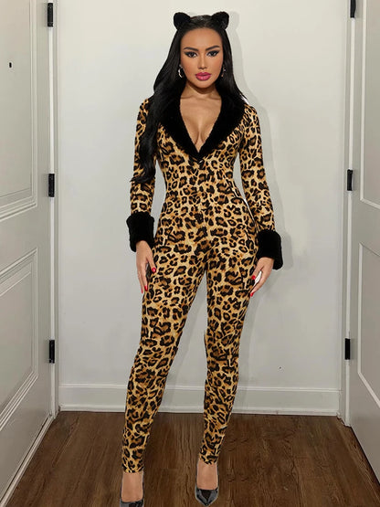 Leopard Print Long-Sleeve Jumpsuit