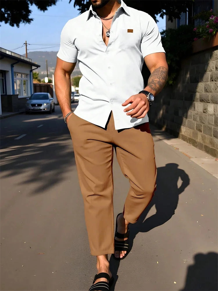 Striped 3D Print Lapel Shirt Set