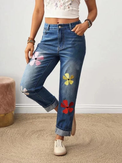 Floral Embroidered Straight Jeans