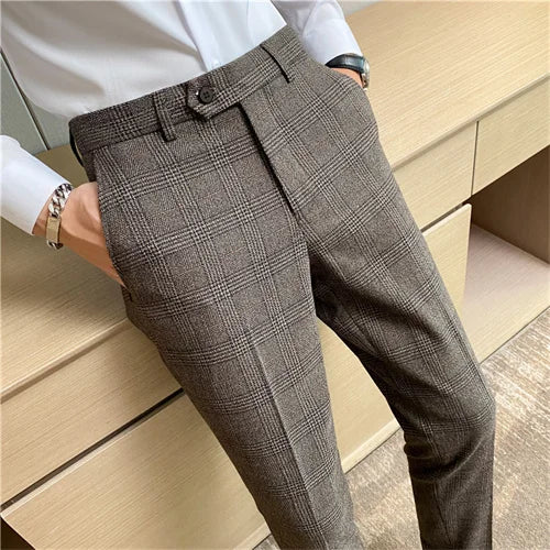 Plaid Striped Slim Suit Trousers
