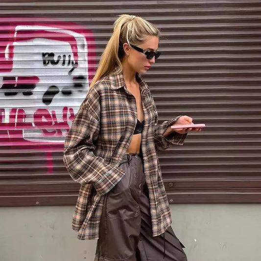 Polyester Streetwear Plaid Shirt Loose