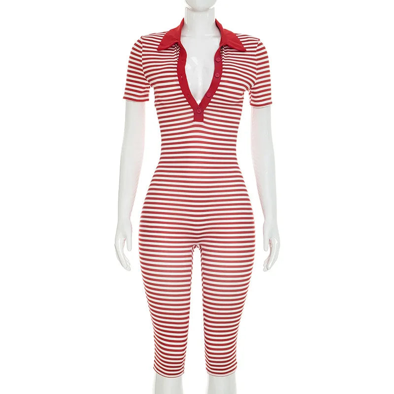 Striped V-Neck Button Jumpsuit